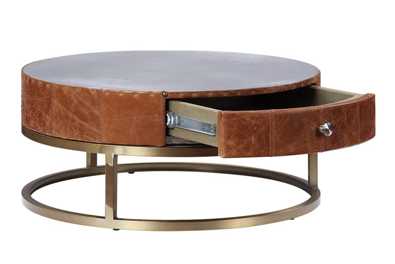 Tamas - 13" Coffee Table - Aluminum & Cocoa Top Grain Leather