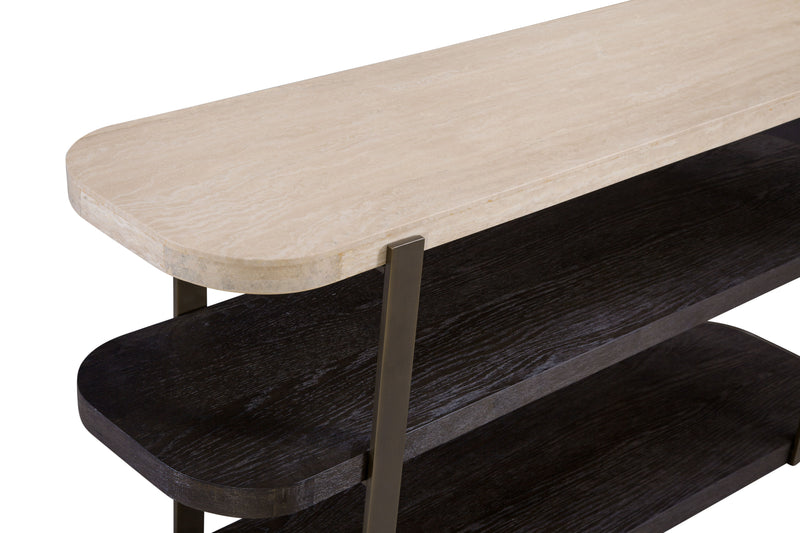 Avalon - Console Table - Bronze Metal Frame With Travertine & Espresso