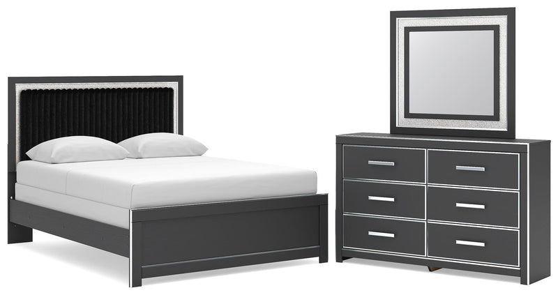 Zuraleus - 3 Pc. - Queen Upholstered Panel Bed, Dresser And Mirror - Black