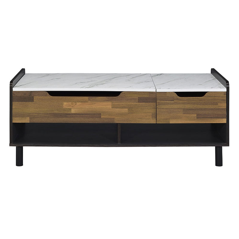 Axel - Coffee Table With Lift Top - White Printed Faux Marble Top, Walnut & Black