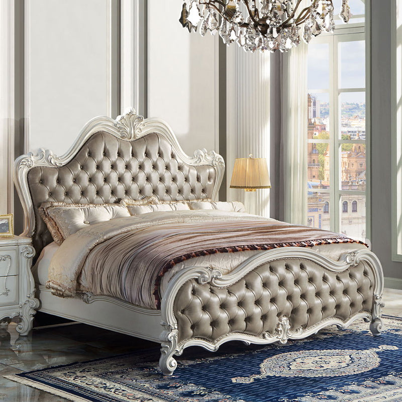 Versailles II - Queen Bed - Vintage Gray Synthetic Leather & Bone White