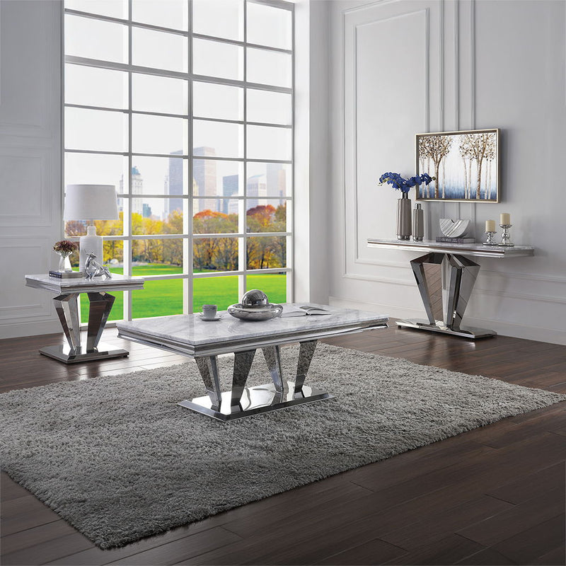Satinka - End Table - Light Gray Printed Faux Marble Top & Mirrored Silver