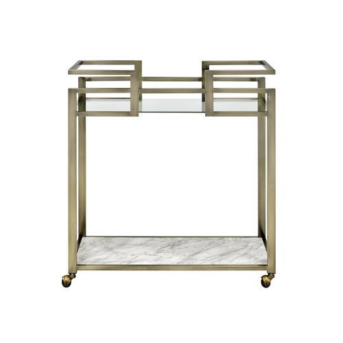Neilo - Serving Cart - Clear Glass, Faux Marble Top & Wire Brass