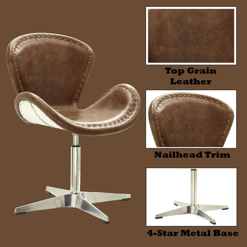 Brancaster - 33" Accent Chair With Swivel - Retro Brown Top Grain Leather & Aluminum