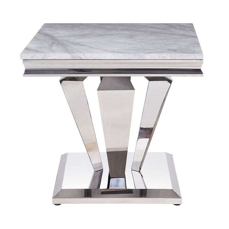 Satinka - End Table - Light Gray Printed Faux Marble Top & Mirrored Silver
