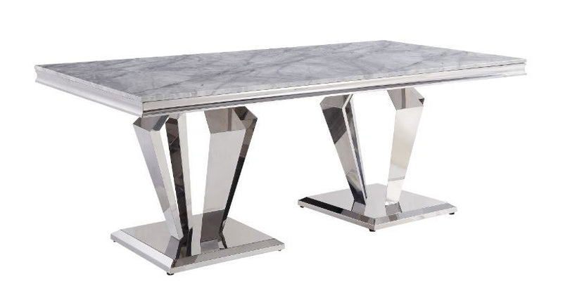 Satinka - Dining Table - Light Gray Printed Faux Marble Top & Mirrored Silver