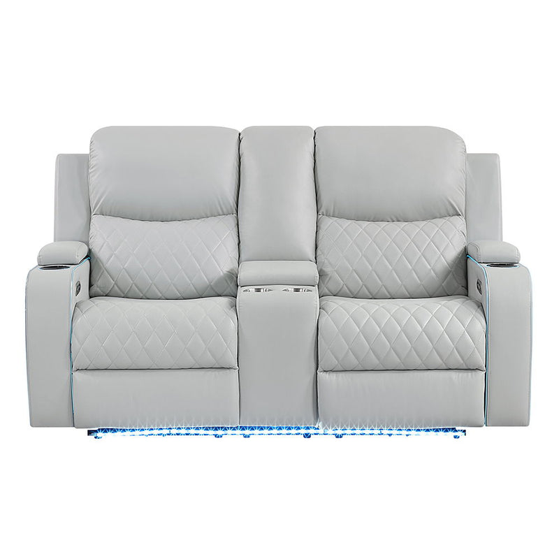 Elonzo - Power Motion Loveseat With Console, LED, Power Headrest & Speaker - Light Gray
