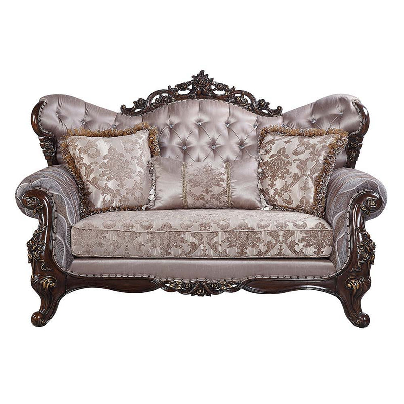 Benbek - Loveseat With 3 Pillows - Fabric & Antique Oak