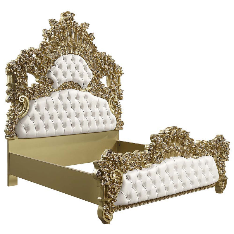 Bernadette - Eastern King Bed - White Synthetic Leather Fabric & Gold