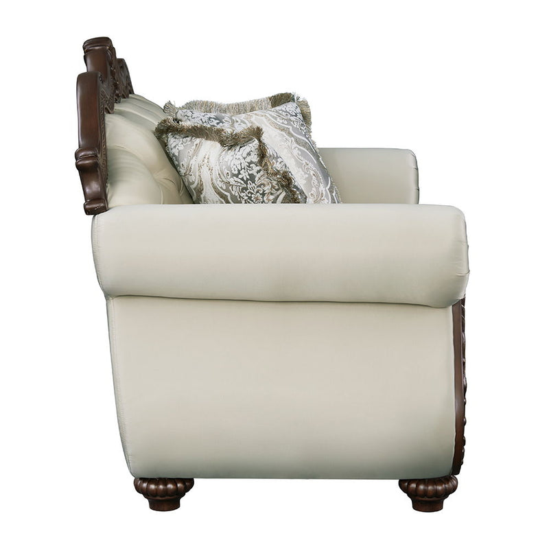 Pierce - Loveseat With 3 Pillows - Beige Fabric & Cherry